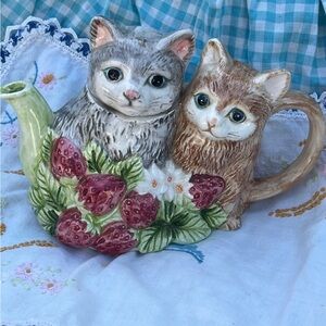 Cat-Themed Ceramic Teapot with Strawberries- Takahashi Japan